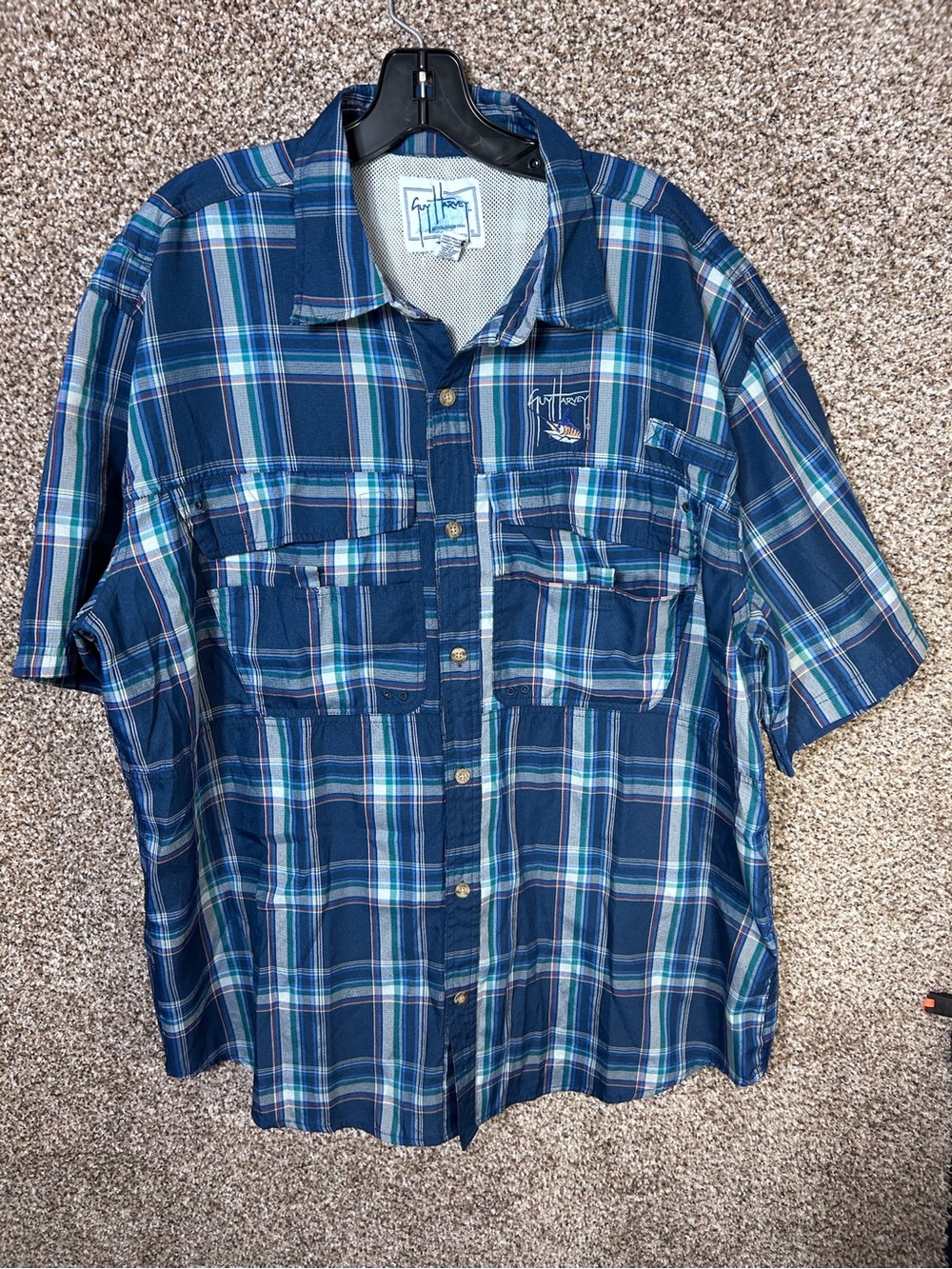 Guy Harvey Navy Blue Green Plaid Short-Sleeve Button-Down Shirt